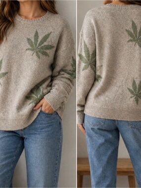 Neutral Beige Crewneck Sweater with Green Leaf Motif